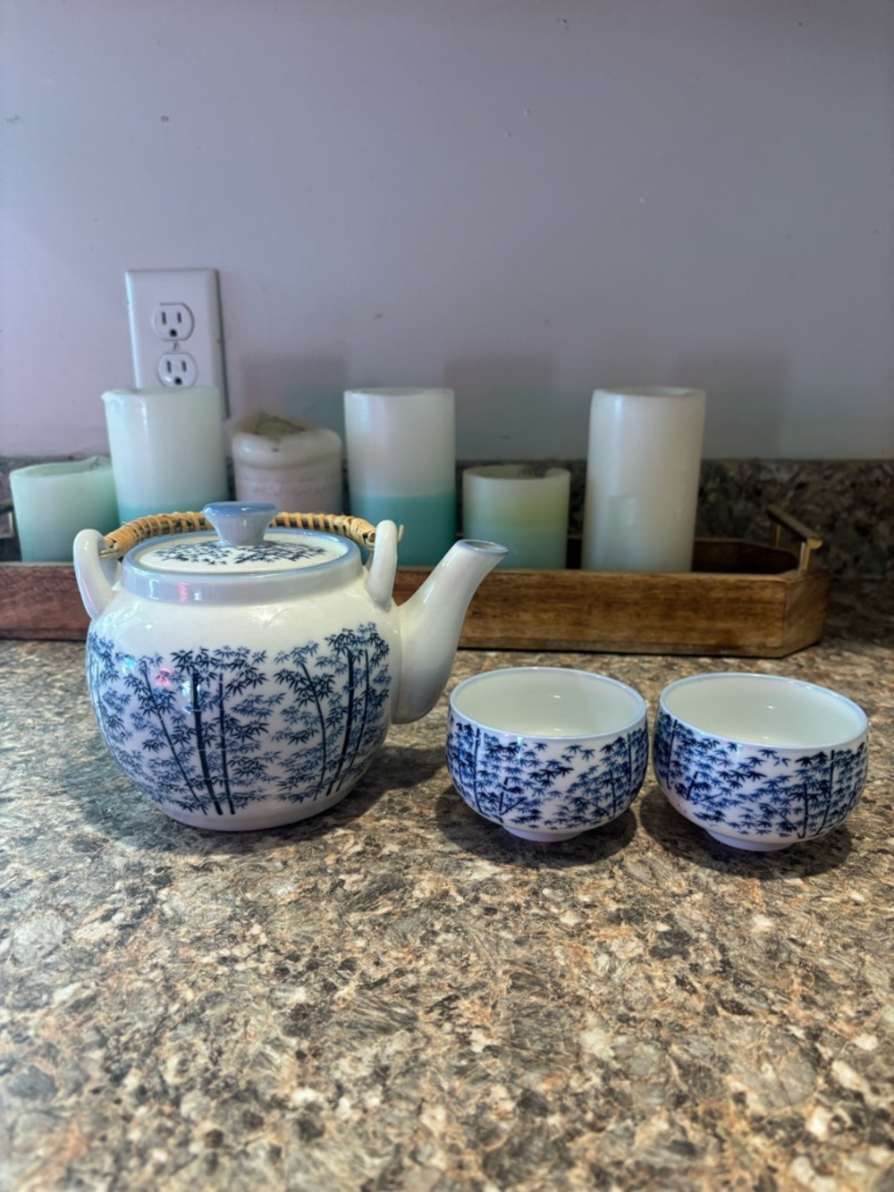 Rare Vintage Blue Bamboo Porcelain Teapot with Two Cups